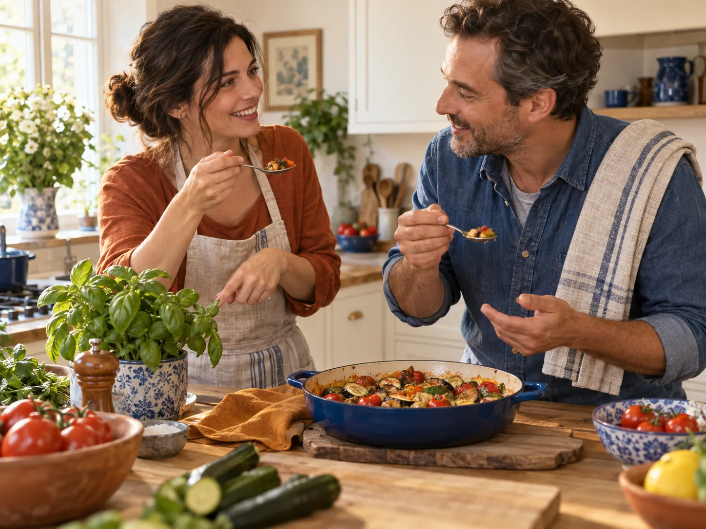 Deux personnes goûtent un plat de légumes et échangent leurs idées en cuisine.