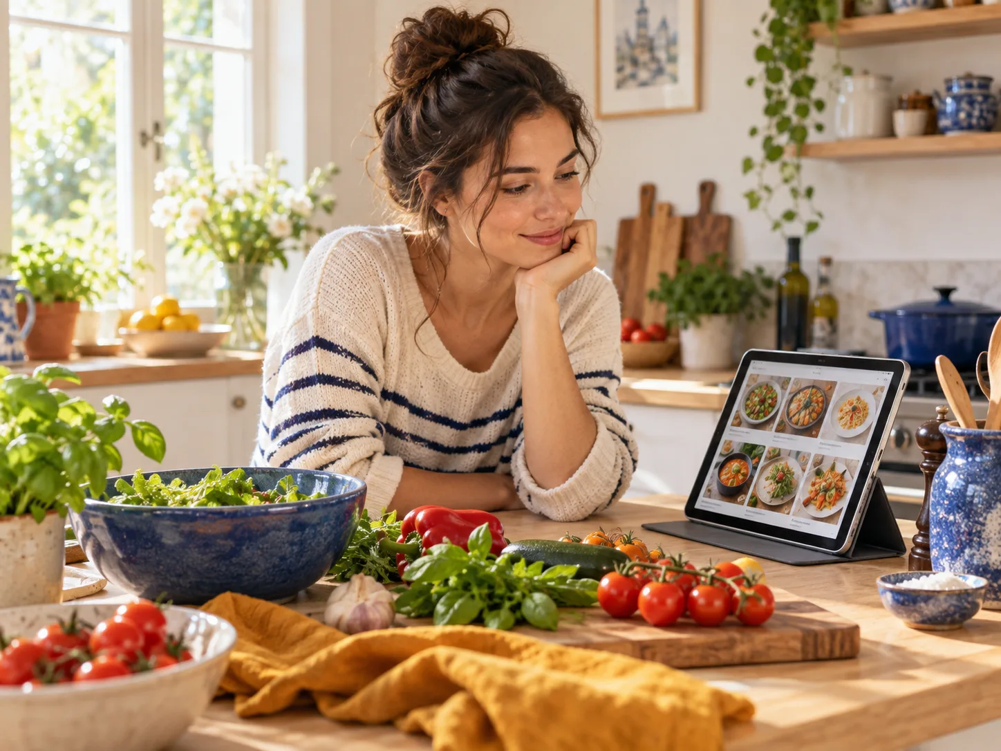Une femme explore des recettes sur sa tablette, entourée de légumes frais.