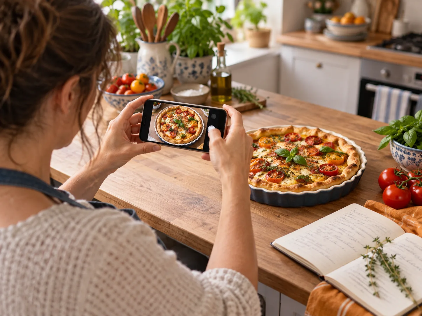 Une cuisinière photographie sa tarte aux tomates, à côté de ses notes de recette.