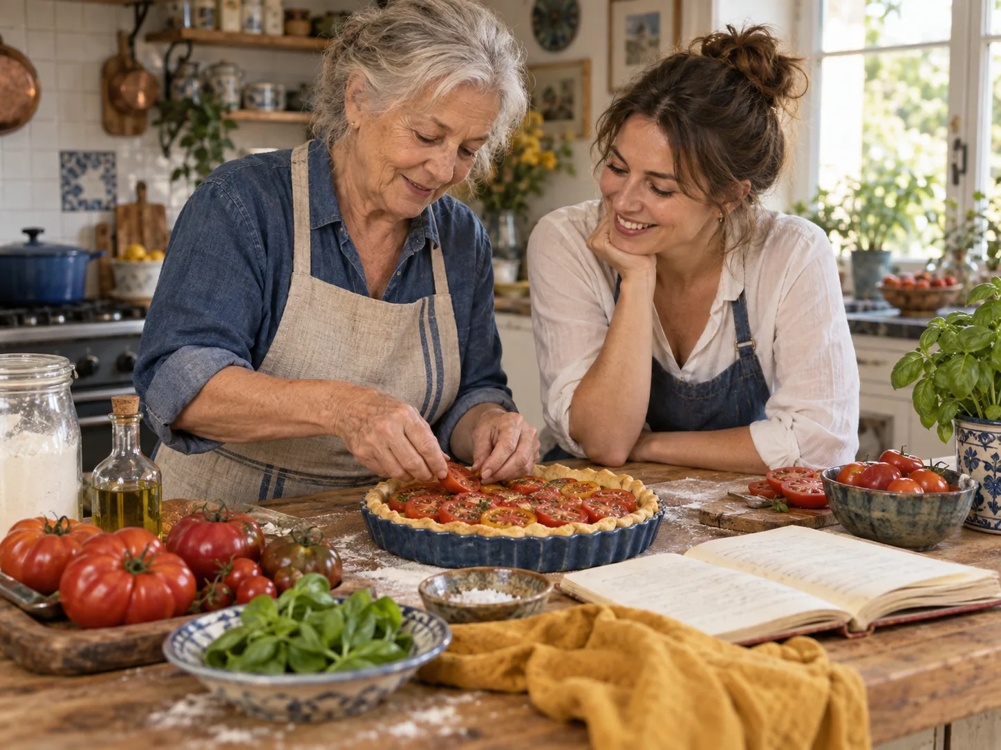 Deux femmes de générations différentes préparent une tarte aux tomates, avec un carnet de recettes ouvert devant elles.